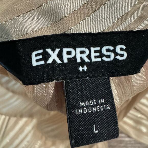 Express Striped Sheer Mock Neck Blouse Champagne Beige Office Holiday L READ - Picture 8 of 11